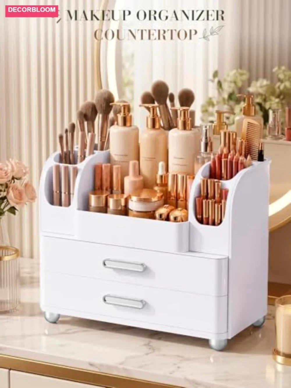 Large Makeup Organizer Countertop with Drawers and Brush Holders